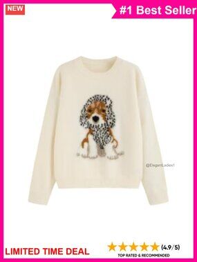 Oversized Cute Dog Graphic Knit Pullover Sweater Crew Neck Long Sleeve
